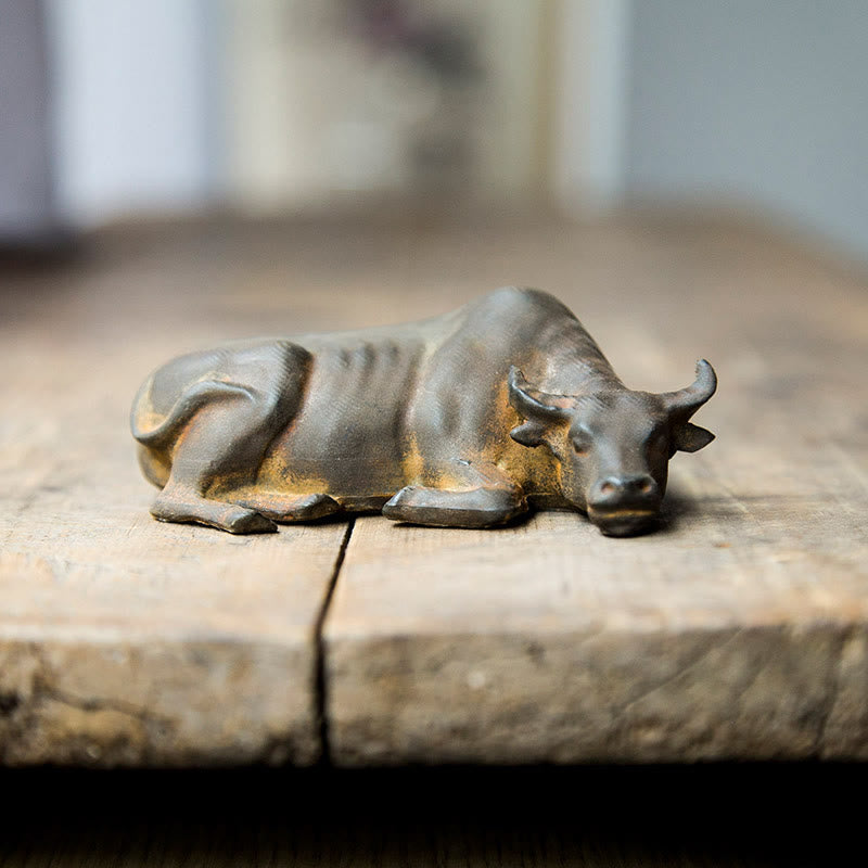 Buddha Stones Handmade Small Water Buffalo Bull Iron Powder Rust Cast Resin Statue Home Decoration - Rust Version 4*11cm - image 0