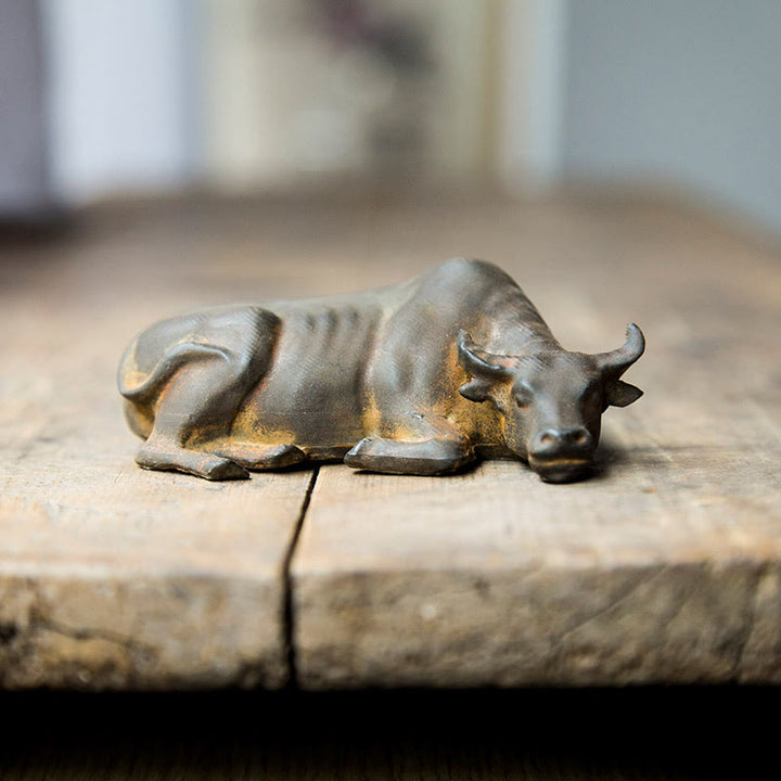 Buddha Stones Handmade Small Water Buffalo Bull Iron Powder Rust Cast Resin Statue Home Decoration - Rust Version 4*11cm - image 0