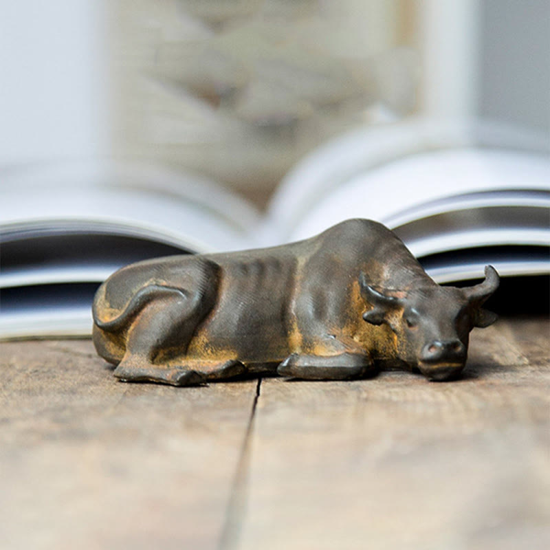 Buddha Stones Handmade Small Water Buffalo Bull Iron Powder Rust Cast Resin Statue Home Decoration - image 1