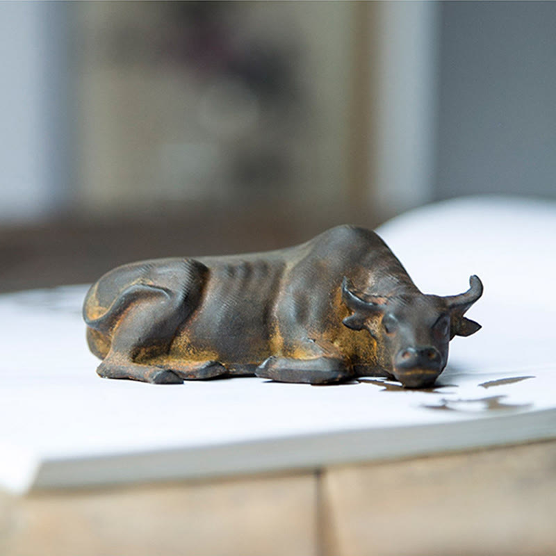 Buddha Stones Handmade Small Water Buffalo Bull Iron Powder Rust Cast Resin Statue Home Decoration - image 6