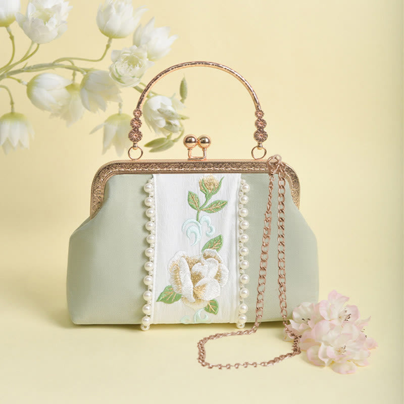 Buddha Stones Double-sided Flowers Embroidery Pearl Pendant Metal Chain Crossbody Bag Handbags - PaleGreen Flowers Embroidery Metal Chain 20*14*7cm - image 10
