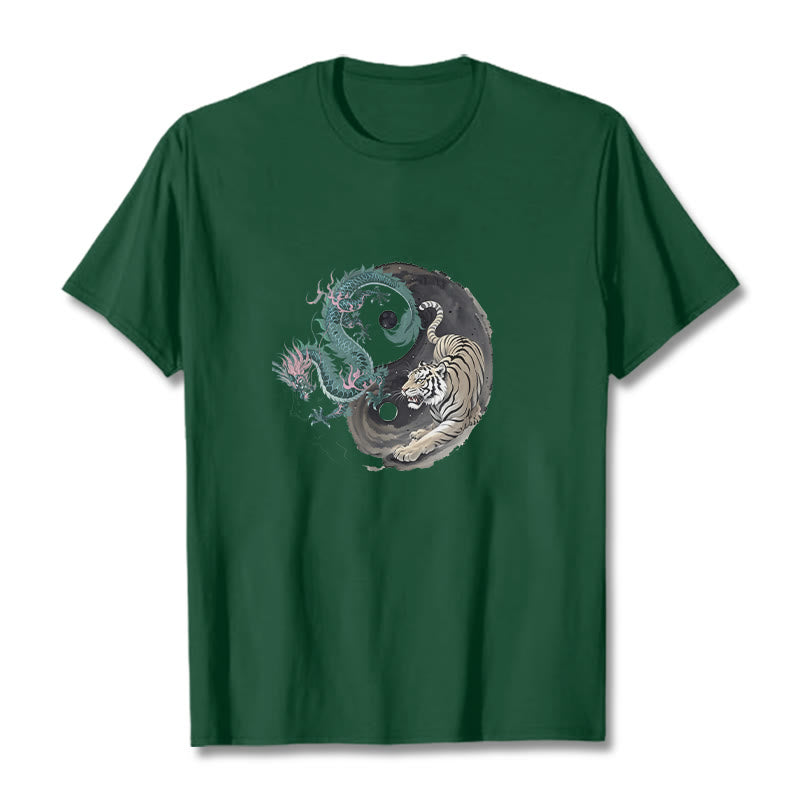 Buddha Stones Tiger Dragon Yin Yang Cotton Tee T-shirt - ForestGreen - 2XL - image 1