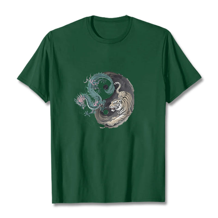 Buddha Stones Tiger Dragon Yin Yang Cotton Tee T-shirt - ForestGreen - 2XL - image 1