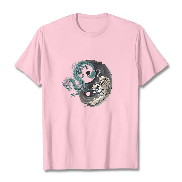 Buddha Stones Tiger Dragon Yin Yang Cotton Tee T-shirt - LightPink - 2XL - image 18
