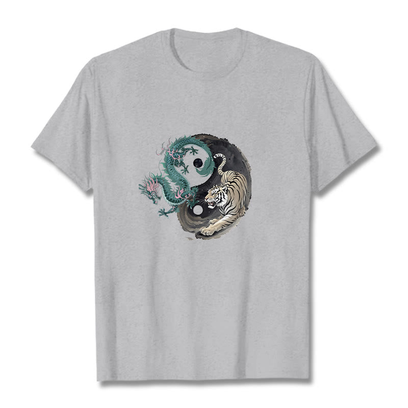 Buddha Stones Tiger Dragon Yin Yang Cotton Tee T-shirt - LightGrey - 2XL - image 0