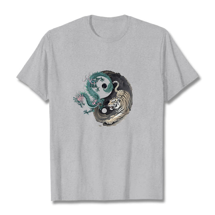 Buddha Stones Tiger Dragon Yin Yang Cotton Tee T-shirt - LightGrey - 2XL - image 0