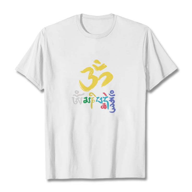 Buddha Stones Colorful Om Mani Padme Hum Cotton Tee T-shirt - White - 2XL - image 10