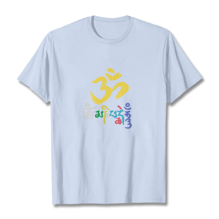 Buddha Stones Colorful Om Mani Padme Hum Cotton Tee T-shirt - LightCyan - 2XL - image 7