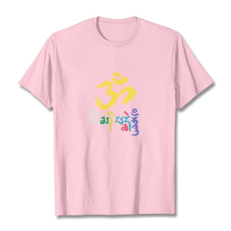 Buddha Stones Colorful Om Mani Padme Hum Cotton Tee T-shirt - LightPink - 2XL - image 18