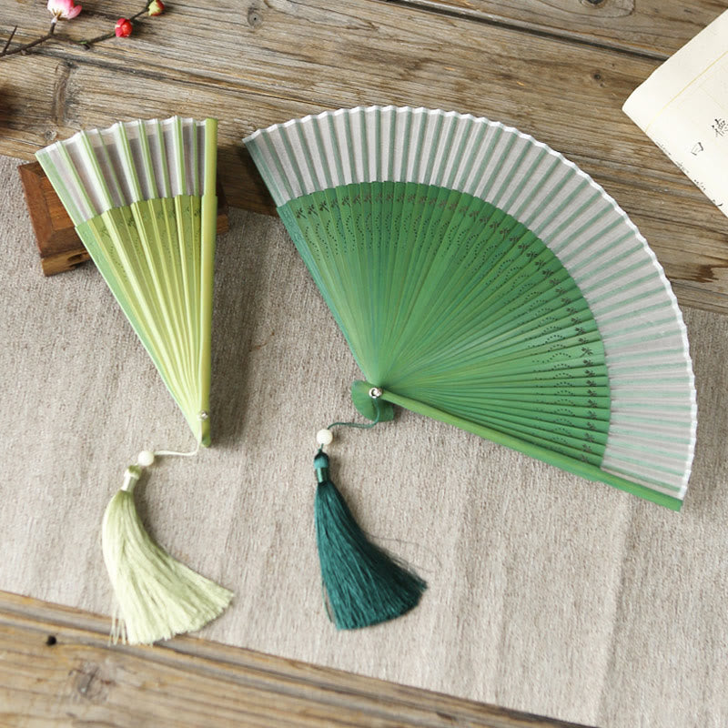 Buddha Stones Solid Color Dragonfly Tassel Handheld Mulberry Silk Bamboo Folding Fan  - image 14