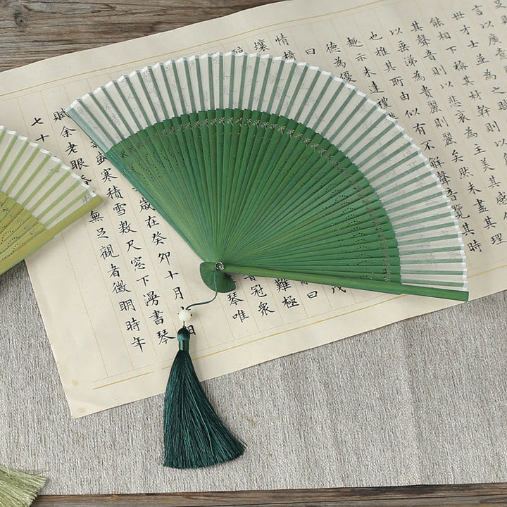 Buddha Stones Solid Color Dragonfly Tassel Handheld Mulberry Silk Bamboo Folding Fan  - ForestGreen Dragonfly 23cm - image 7