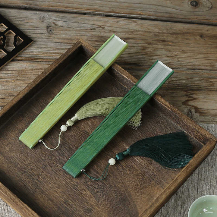 Buddha Stones Solid Color Dragonfly Tassel Handheld Mulberry Silk Bamboo Folding Fan  - image 13