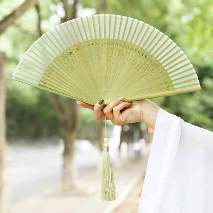 Buddha Stones Solid Color Dragonfly Tassel Handheld Mulberry Silk Bamboo Folding Fan  - image 2