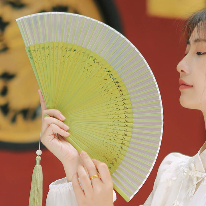Buddha Stones Solid Color Dragonfly Tassel Handheld Mulberry Silk Bamboo Folding Fan  - image 4