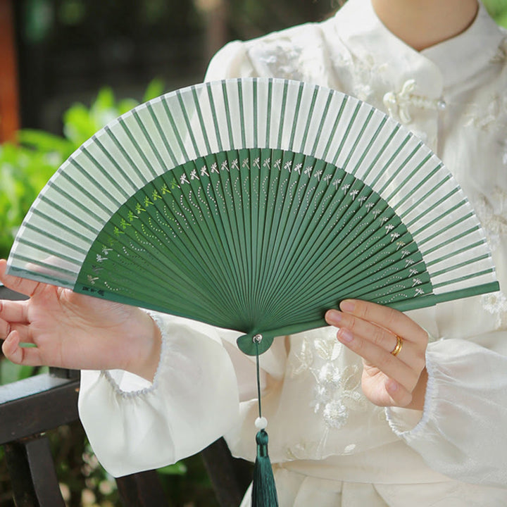 Buddha Stones Solid Color Dragonfly Tassel Handheld Mulberry Silk Bamboo Folding Fan  - image 10
