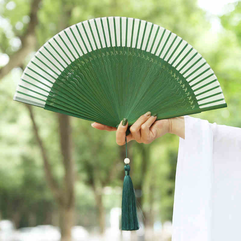 Buddha Stones Solid Color Dragonfly Tassel Handheld Mulberry Silk Bamboo Folding Fan  - image 9