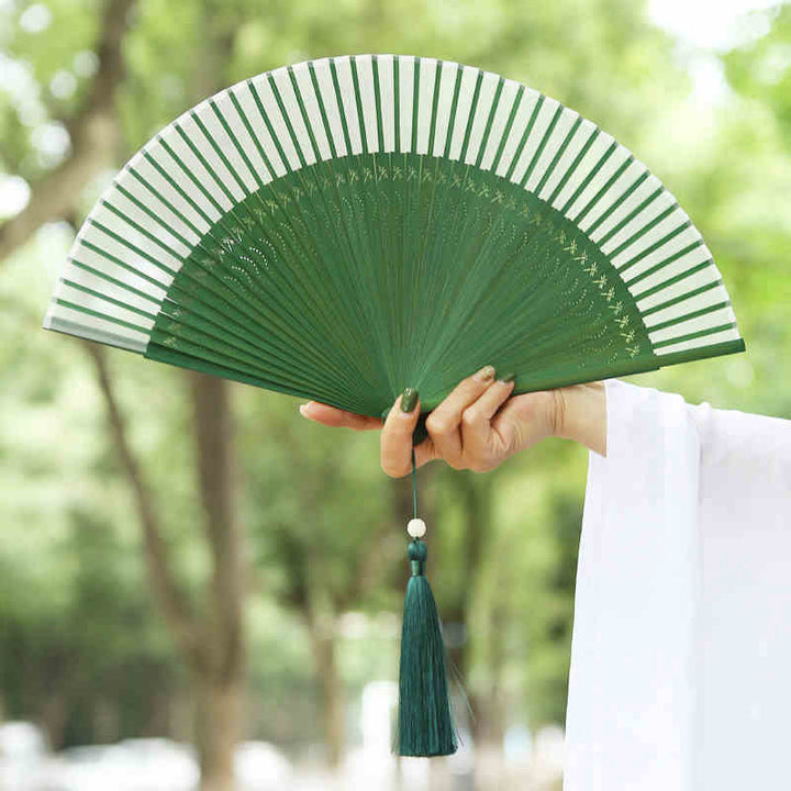 Buddha Stones Solid Color Dragonfly Tassel Handheld Mulberry Silk Bamboo Folding Fan  - image 9
