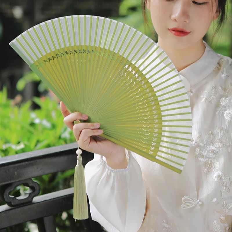 Buddha Stones Solid Color Dragonfly Tassel Handheld Mulberry Silk Bamboo Folding Fan  - image 3
