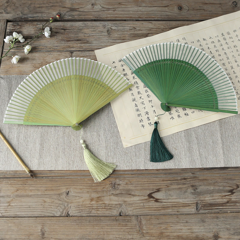 Buddha Stones Solid Color Dragonfly Tassel Handheld Mulberry Silk Bamboo Folding Fan  - image 1