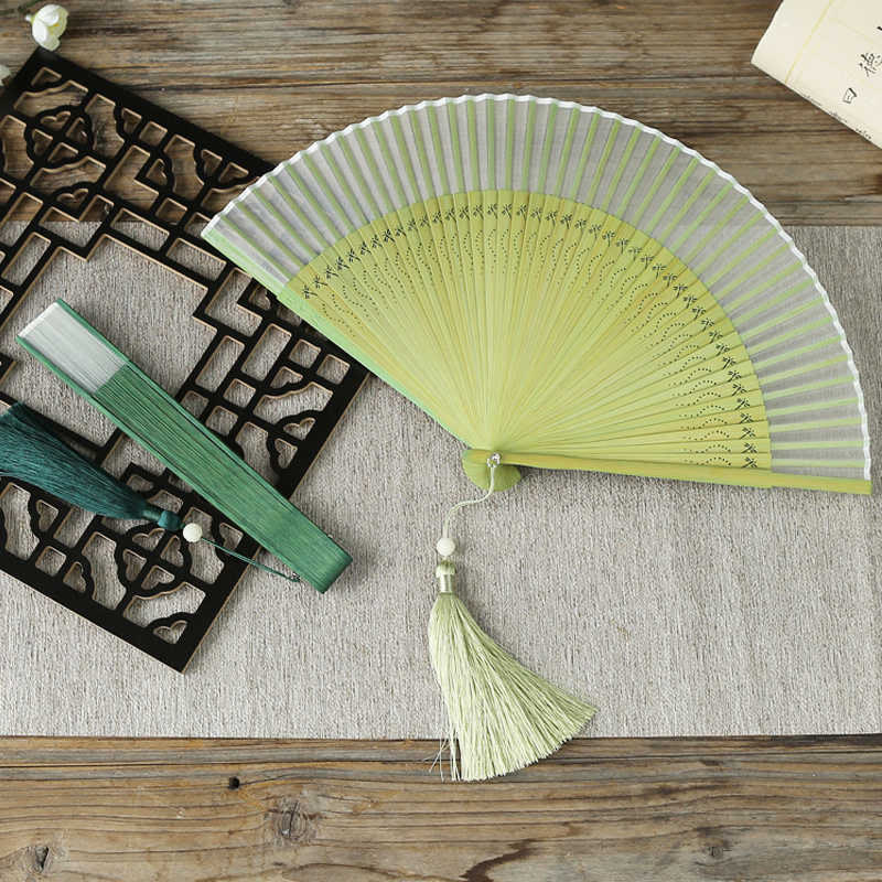 Buddha Stones Solid Color Dragonfly Tassel Handheld Mulberry Silk Bamboo Folding Fan  - GreenYellow Dragonfly 23cm - image 0