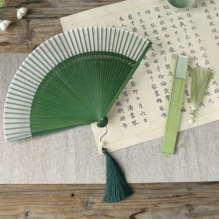 Buddha Stones Solid Color Dragonfly Tassel Handheld Mulberry Silk Bamboo Folding Fan  - image 8
