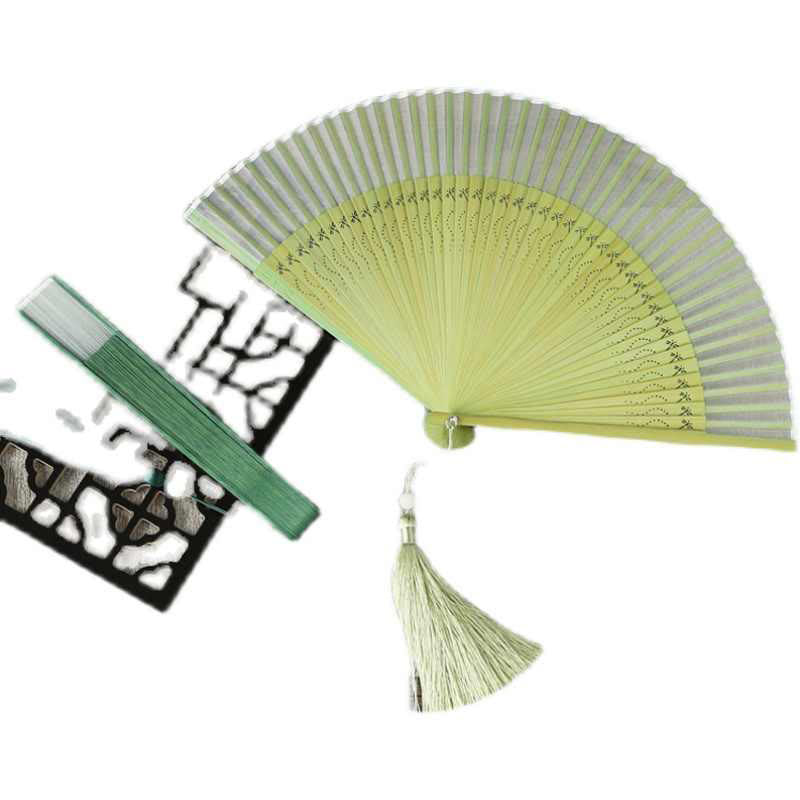 Buddha Stones Solid Color Dragonfly Tassel Handheld Mulberry Silk Bamboo Folding Fan  - image 5