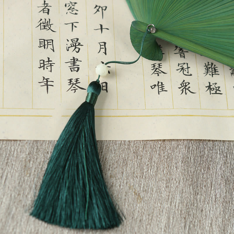 Buddha Stones Solid Color Dragonfly Tassel Handheld Mulberry Silk Bamboo Folding Fan  - image 15