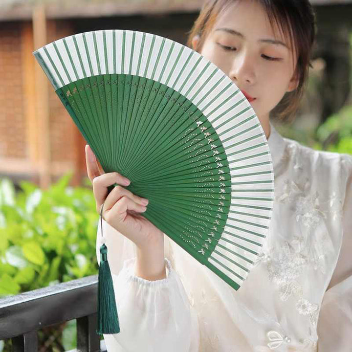 Buddha Stones Solid Color Dragonfly Tassel Handheld Mulberry Silk Bamboo Folding Fan  - image 11