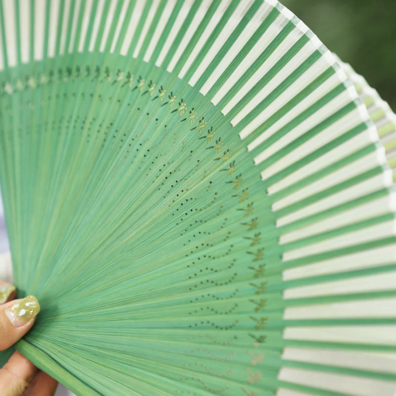 Buddha Stones Solid Color Dragonfly Tassel Handheld Mulberry Silk Bamboo Folding Fan  - image 12