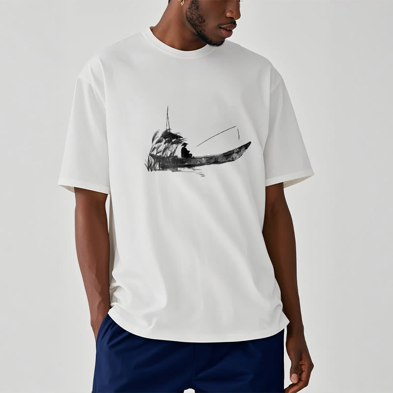 Buddha Stones Boat Fishing Grass Pattern Cotton Tee T-shirt - image 5
