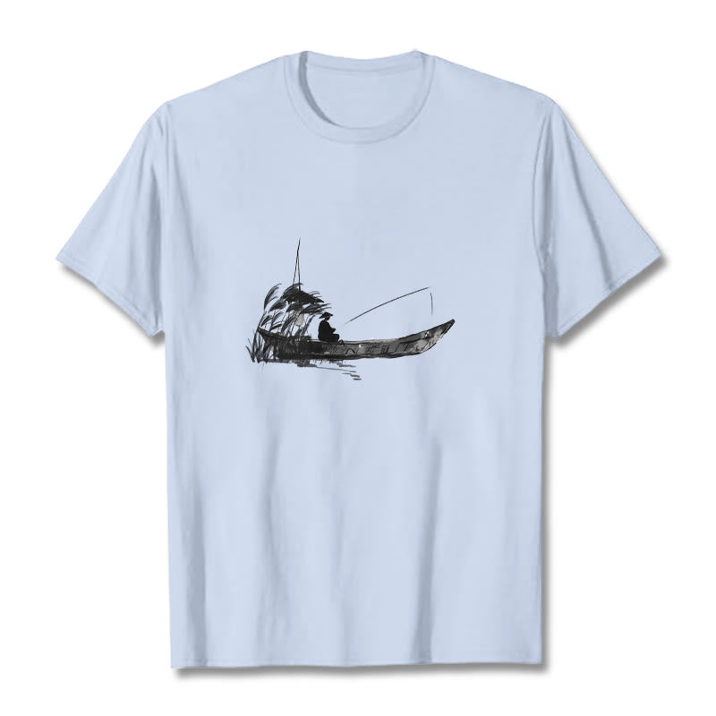 Buddha Stones Boat Fishing Grass Pattern Cotton Tee T-shirt - LightCyan - 2XL - image 15