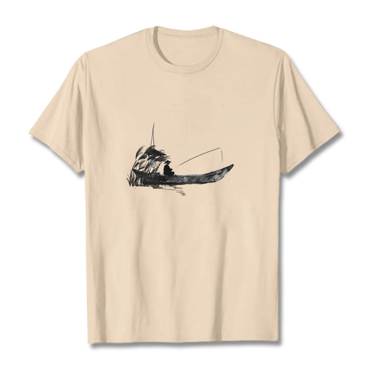Buddha Stones Boat Fishing Grass Pattern Cotton Tee T-shirt - Bisque - 2XL - image 7