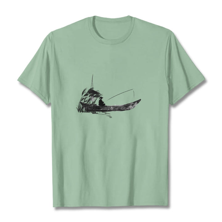 Buddha Stones Boat Fishing Grass Pattern Cotton Tee T-shirt - PaleGreen - 2XL - image 16