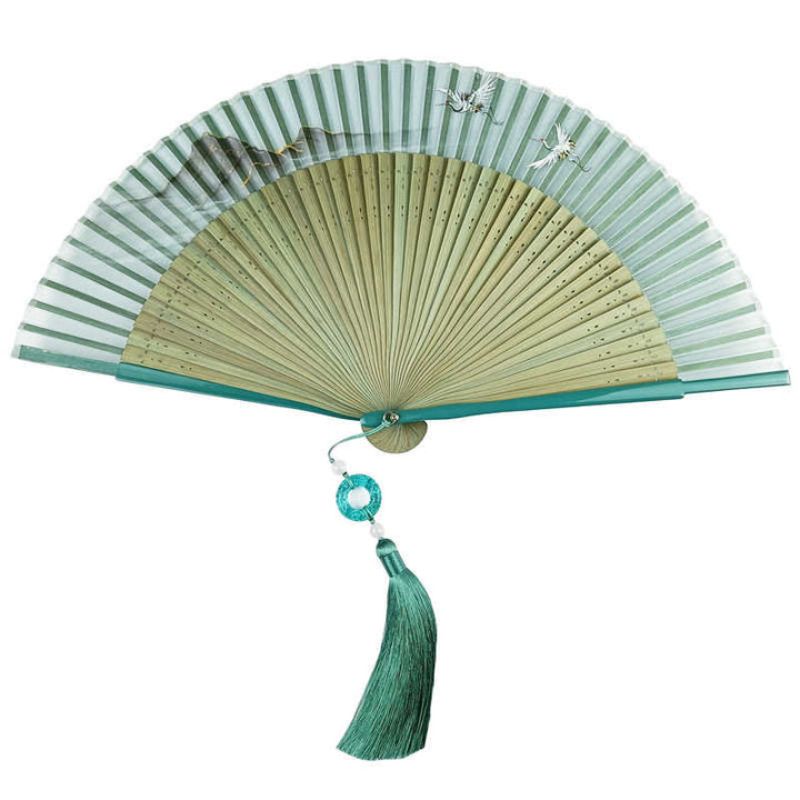 Buddha Stones Retro Mountain River Crane Silk Handheld Bamboo Folding Fan - image 8
