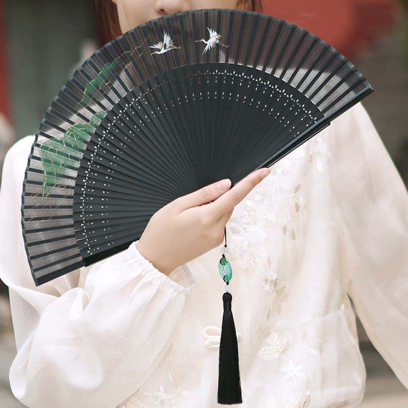 Buddha Stones Retro Mountain River Crane Silk Handheld Bamboo Folding Fan - image 12