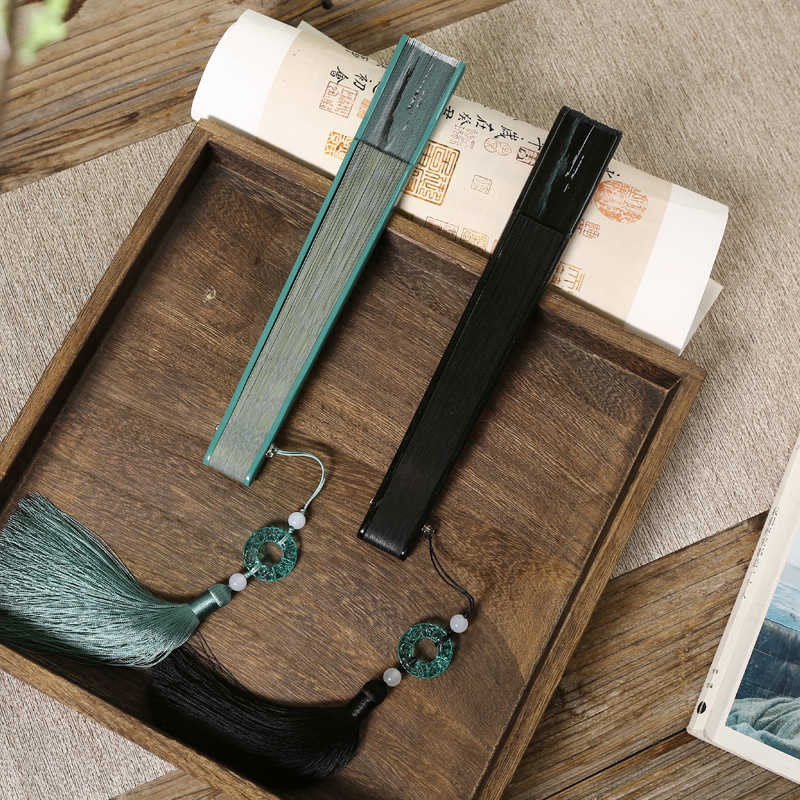 Buddha Stones Retro Mountain River Crane Silk Handheld Bamboo Folding Fan - image 15
