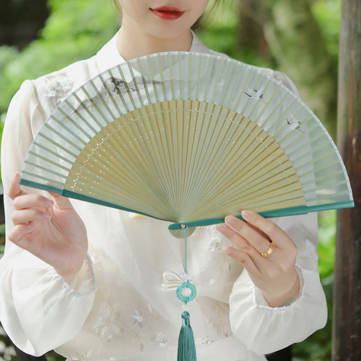 Buddha Stones Retro Mountain River Crane Silk Handheld Bamboo Folding Fan - image 5