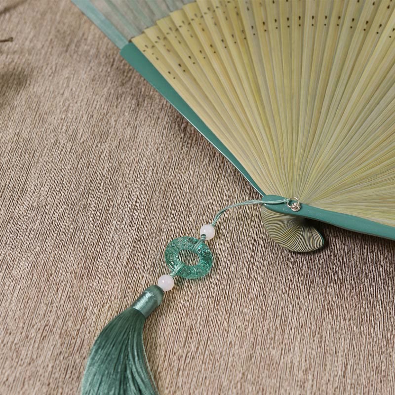 Buddha Stones Retro Mountain River Crane Silk Handheld Bamboo Folding Fan - image 3
