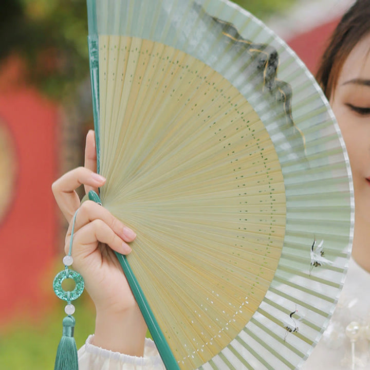 Buddha Stones Retro Mountain River Crane Silk Handheld Bamboo Folding Fan - image 7
