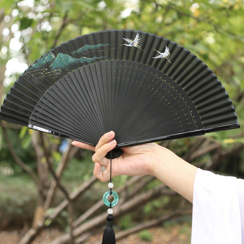 Buddha Stones Retro Mountain River Crane Silk Handheld Bamboo Folding Fan - image 11
