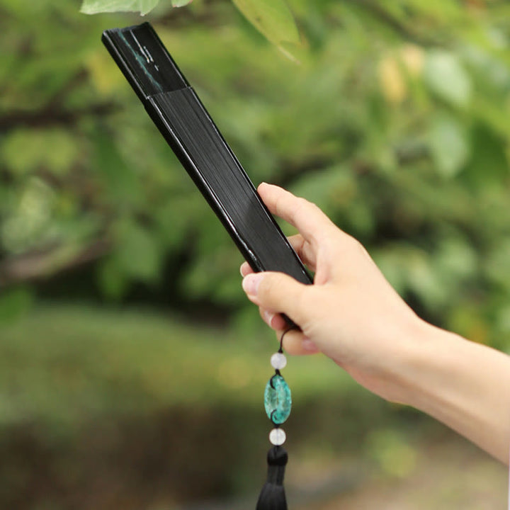 Buddha Stones Retro Mountain River Crane Silk Handheld Bamboo Folding Fan - image 14