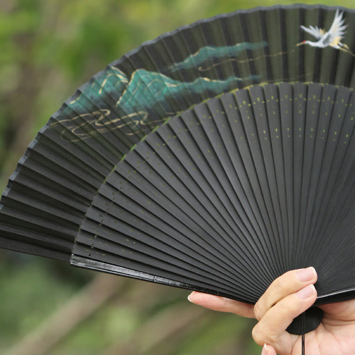 Buddha Stones Retro Mountain River Crane Silk Handheld Bamboo Folding Fan - image 13