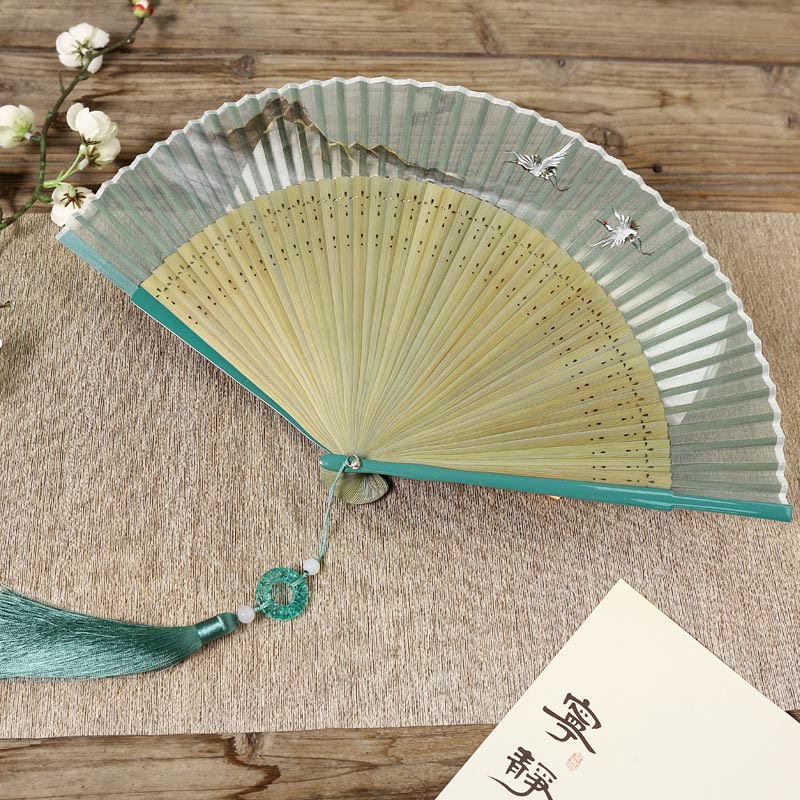 Buddha Stones Retro Mountain River Crane Silk Handheld Bamboo Folding Fan - image 2