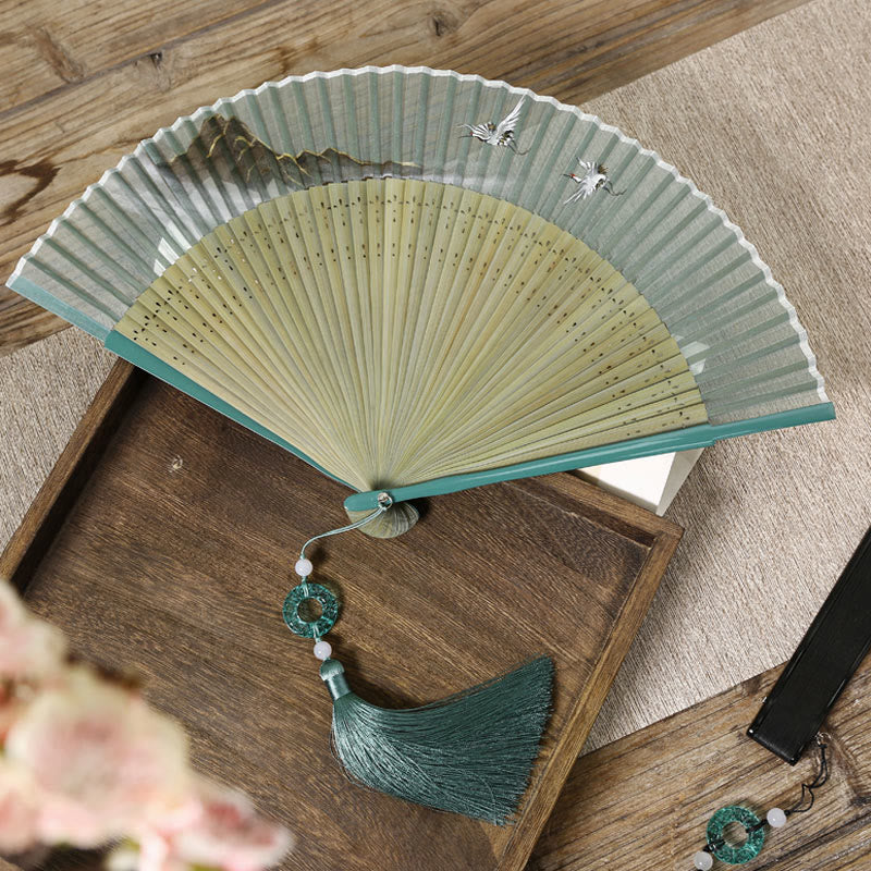 Buddha Stones Retro Mountain River Crane Silk Handheld Bamboo Folding Fan - Turquoise Mountain River Crane 22.5cm(With Gift Box) - image 0