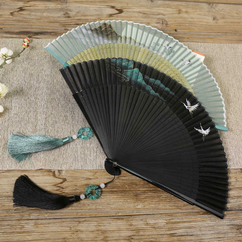 Buddha Stones Retro Mountain River Crane Silk Handheld Bamboo Folding Fan - image 1