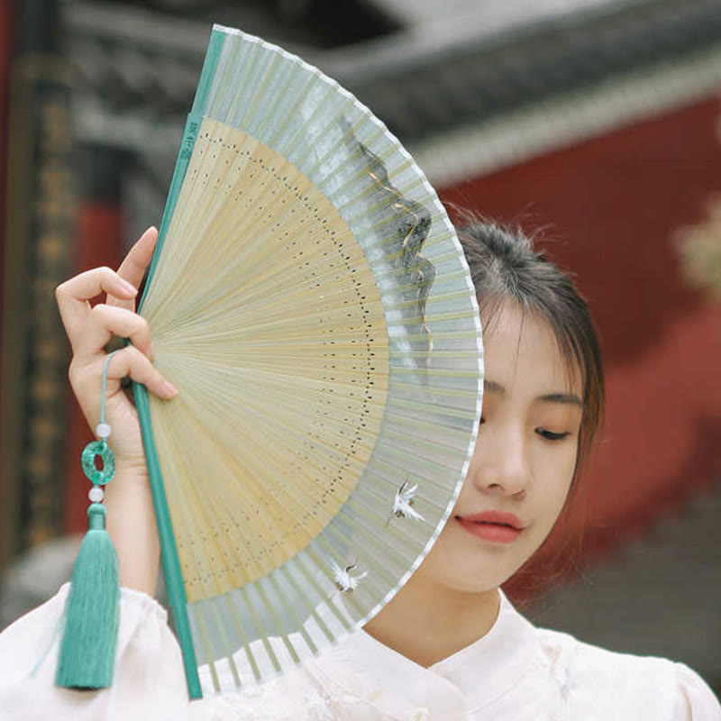 Buddha Stones Retro Mountain River Crane Silk Handheld Bamboo Folding Fan - image 6