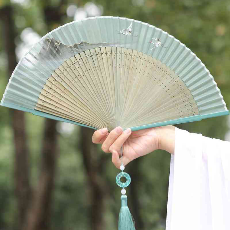 Buddha Stones Retro Mountain River Crane Silk Handheld Bamboo Folding Fan - image 4