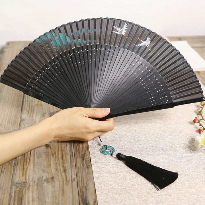 Buddha Stones Retro Mountain River Crane Silk Handheld Bamboo Folding Fan - Black Mountain River Crane 22.5cm(With Gift Box) - image 10