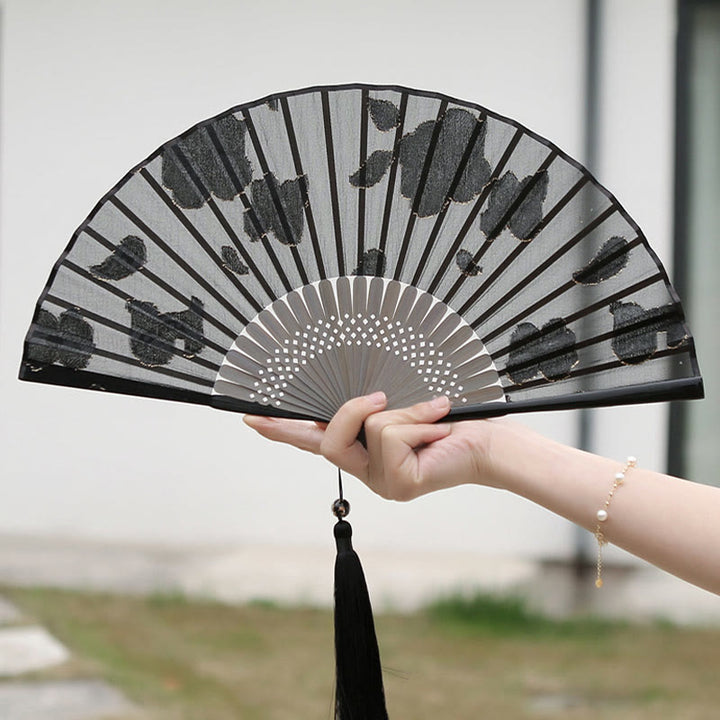 Buddha Stones Retro Leaves Flower Silk Handheld Bamboo Folding Fan - image 12