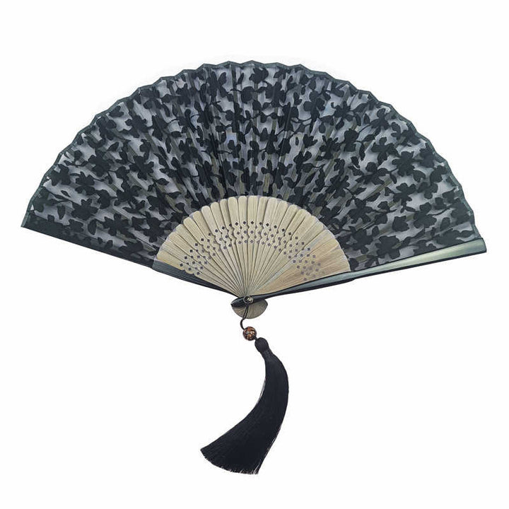 Buddha Stones Retro Leaves Flower Silk Handheld Bamboo Folding Fan - image 3